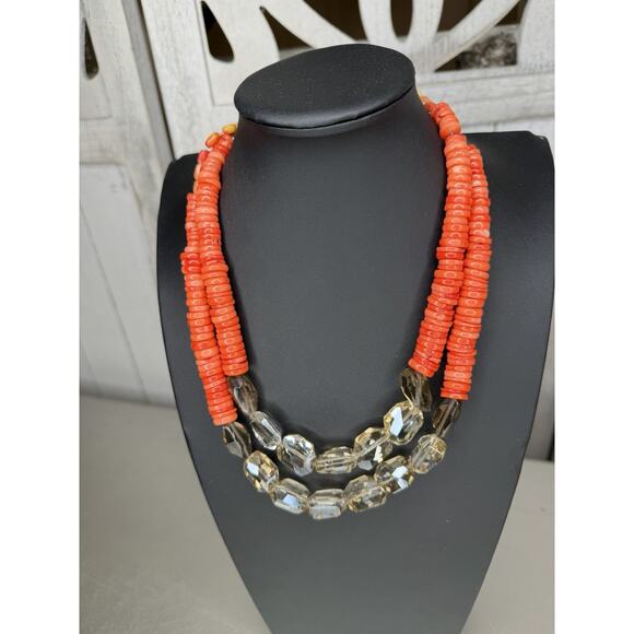 Disc Apple Coral Bead Statement Necklace Faceted Glass Accent - Picture 2 of 4